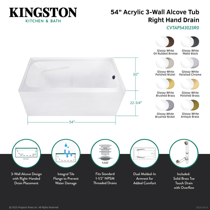 Kingston Tulare CVTAP543023R1 - Aqua Eden 54-Inch Acrylic Rectangular 3-Wall Alcove Tub Combo with Armrests and Waste and Overflow Drain (Right Hand Drain), Glossy White/Polished Chrome