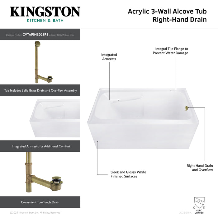 Aqua Eden CVTAP543023R3 54-Inch Acrylic Rectangular 3-Wall Alcove Tub Combo with Armrests and Waste and Overflow Drain (Right Hand Drain), Glossy White/Antique Brass