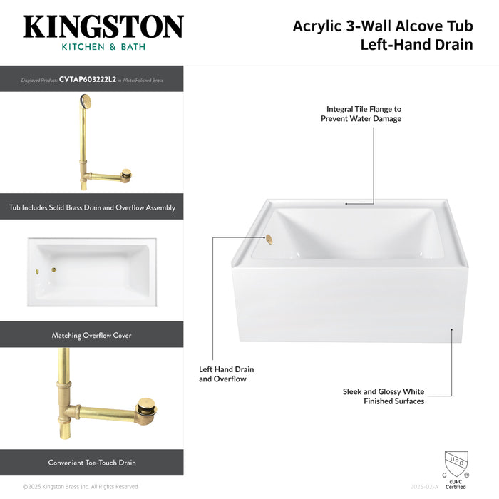 Aqua Eden CVTAP603222L1 60-Inch Acrylic Rectangular 3-Wall Alcove Tub Combo with Waste and Overflow Drain (Left Hand Drain), Glossy White/Polished Chrome
