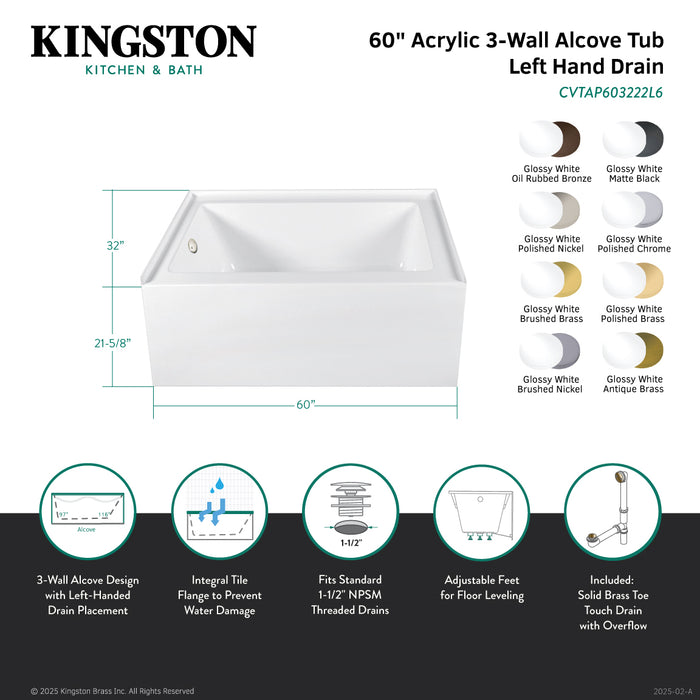 Kingston Tulare CVTAP603222L7 - Aqua Eden 60-Inch Acrylic Rectangular 3-Wall Alcove Tub Combo with Waste and Overflow Drain (Left Hand Drain), Glossy White/Brushed Brass