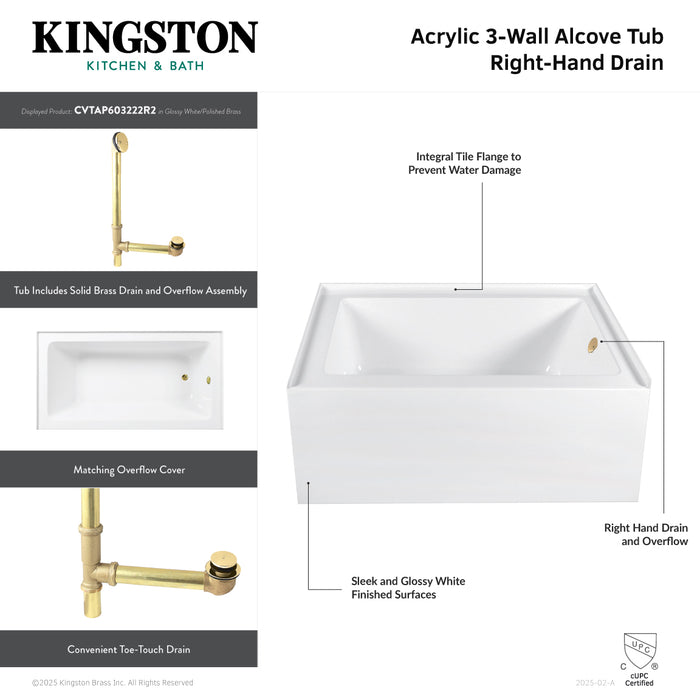Kingston Tulare CVTAP603222R2 - Aqua Eden 60-Inch Acrylic Rectangular 3-Wall Alcove Tub Combo with Waste and Overflow Drain (Right Hand Drain), Glossy White/Polished Brass