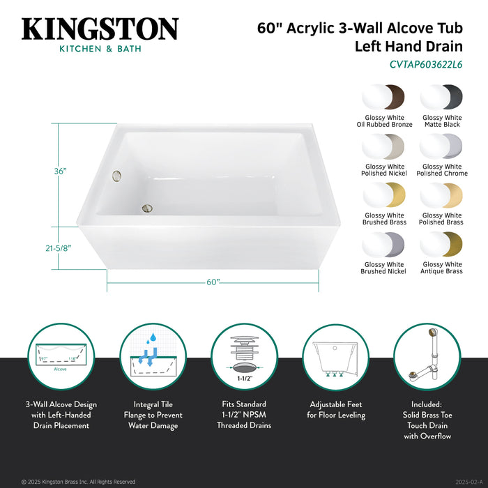 Kingston Tulare CVTAP603622L0 - Aqua Eden 60-Inch Acrylic Rectangular 3-Wall Alcove Tub Combo with Waste and Overflow Drain (Left Hand Drain), Glossy White/Matte Black
