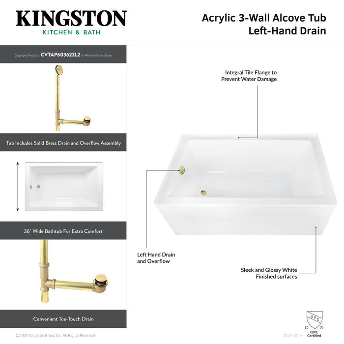 Aqua Eden CVTAP603622L1 60-Inch Acrylic Rectangular 3-Wall Alcove Tub Combo with Waste and Overflow Drain (Left Hand Drain), Glossy White/Polished Chrome