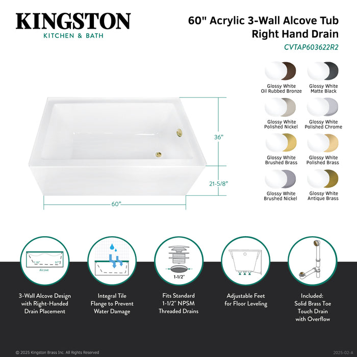 Kingston Tulare CVTAP603622R1 - Aqua Eden 60-Inch Acrylic Rectangular 3-Wall Alcove Tub Combo with Waste and Overflow Drain (Right Hand Drain), Glossy White/Polished Chrome