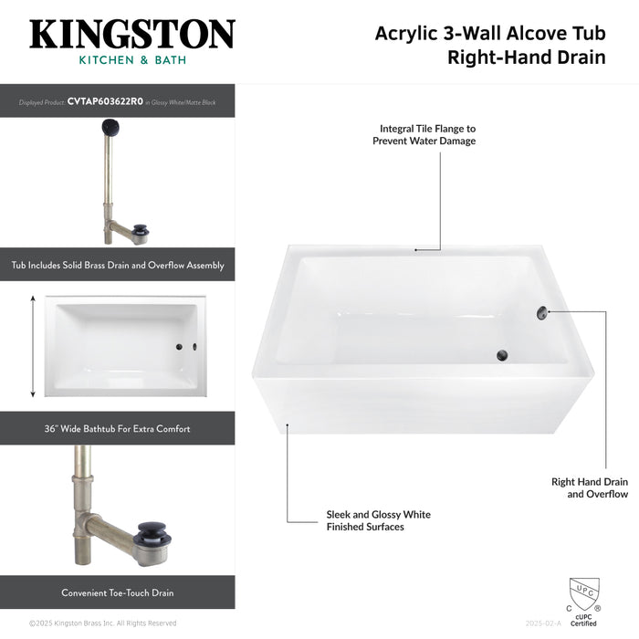 Kingston Tulare CVTAP603622R8 - Aqua Eden 60-Inch Acrylic Rectangular 3-Wall Alcove Tub Combo with Waste and Overflow Drain (Right Hand Drain), Glossy White/Brushed Nickel