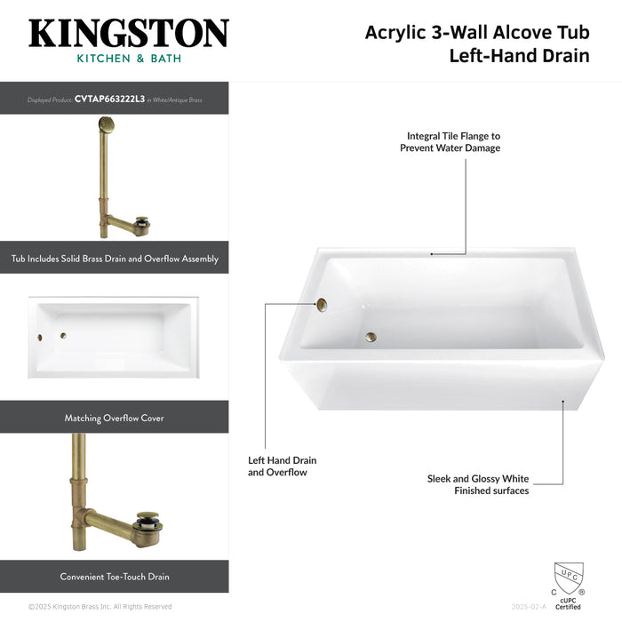 Kingston Tulare CVTAP663222L2 - Aqua Eden 66-Inch Acrylic Rectangular 3-Wall Alcove Tub Combo with Waste and Overflow Drain (Left Hand Drain), Glossy White/Polished Brass