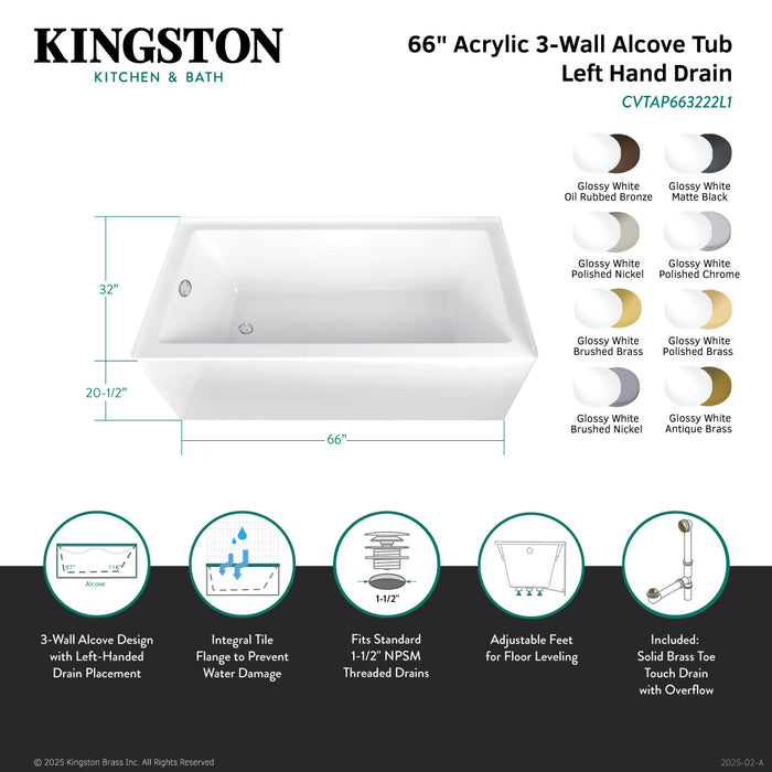 Aqua Eden CVTAP663222L3 66-Inch Acrylic Rectangular 3-Wall Alcove Tub Combo with Waste and Overflow Drain (Left Hand Drain), Glossy White/Antique Brass
