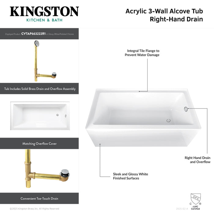 Kingston Tulare CVTAP663222R7 - Aqua Eden 66-Inch Acrylic Rectangular 3-Wall Alcove Tub Combo with Waste and Overflow Drain (Right Hand Drain), Glossy White/Brushed Brass