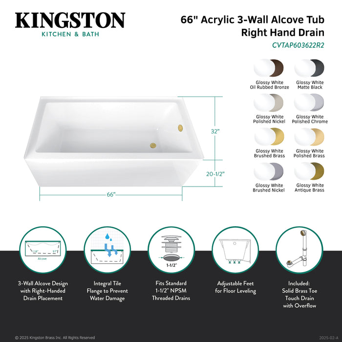 Kingston Tulare CVTAP663222R7 - Aqua Eden 66-Inch Acrylic Rectangular 3-Wall Alcove Tub Combo with Waste and Overflow Drain (Right Hand Drain), Glossy White/Brushed Brass