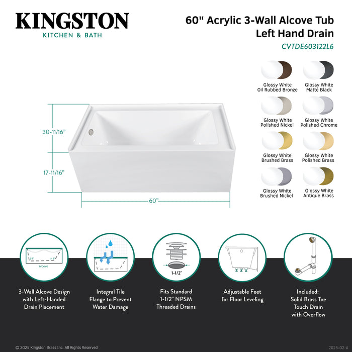 Aqua Eden CVTDE603122L1 60-Inch Acrylic Rectangular 3-Wall Alcove Tub Combo with Waste and Overflow Drain (Left Hand Drain), Glossy White/Polished Chrome