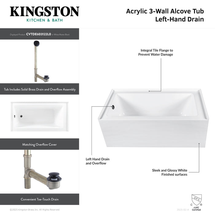Kingston Tulare CVTDE603122L8 - Aqua Eden 60-Inch Acrylic Rectangular 3-Wall Alcove Tub Combo with Waste and Overflow Drain (Left Hand Drain), Glossy White/Brushed Nickel
