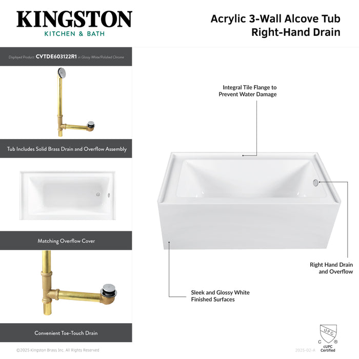 Kingston Tulare CVTDE603122R6 - Aqua Eden 60-Inch Acrylic Rectangular 3-Wall Alcove Tub Combo with Waste and Overflow Drain (Right Hand Drain), Glossy White/Polished Nickel