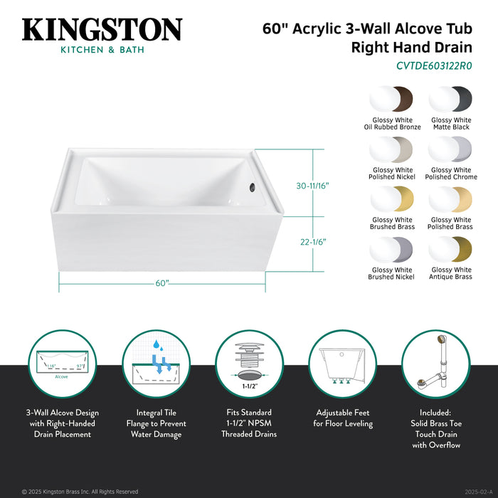Kingston Tulare CVTDE603122R7 - Aqua Eden 60-Inch Acrylic Rectangular 3-Wall Alcove Tub Combo with Waste and Overflow Drain (Right Hand Drain), Glossy White/Brushed Brass