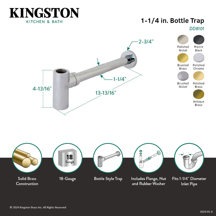 Kingston Trimscape DD8107 1-1/4 Inch O.D. Brass Round Bottle Trap, Brushed Brass