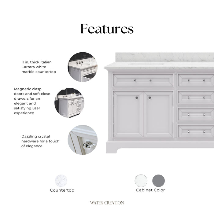 Kingston Derby DE72CW01PW - 72 in. x 22 in. Bathroom Vanity Marble Top and White Basin, White