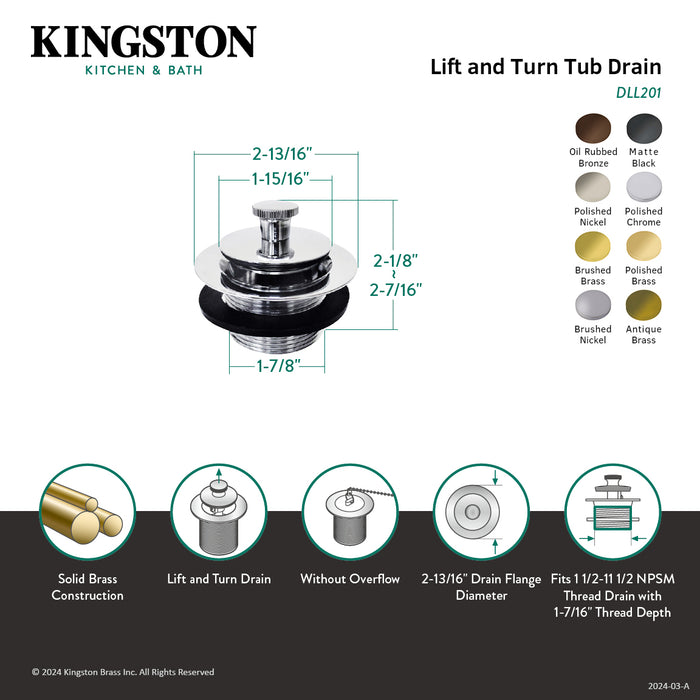 Kingston Heirloom DLL201 - Made To Match Brass Lift and Turn Tub Drain, Polished Chrome
