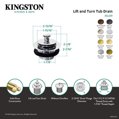 Kingston Heirloom DLL208 - Made To Match Brass Lift and Turn Tub Drain
