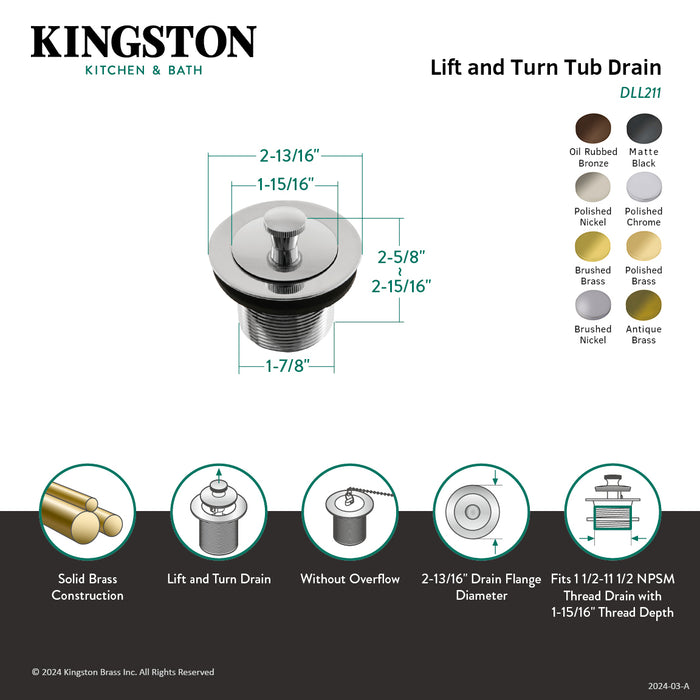 Kingston Heirloom DLL211 - Trimscape Brass Lift and Turn Tub Drain, Polished Chrome