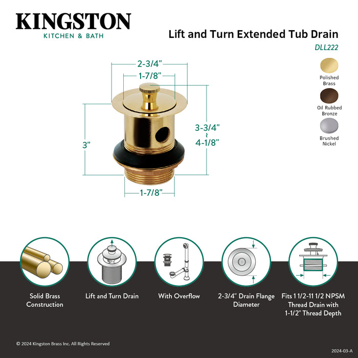 Kingston Trimscape DLL222 Brass Lift and Turn Tub Drain with Overflow, Polished Brass