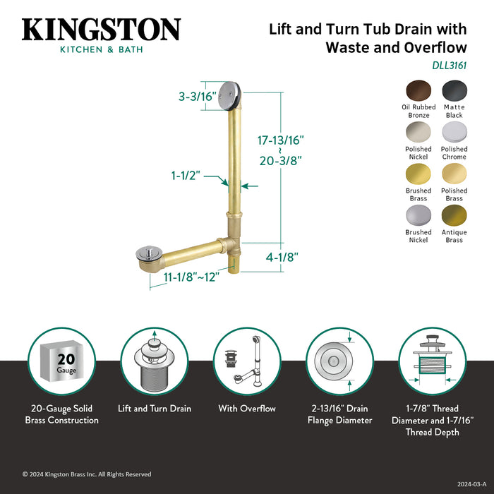 Kingston Heirloom DLL3168 - Made To Match 21-Inch Brass Lift and Turn Tub Waste and Overflow, Brushed Nickel