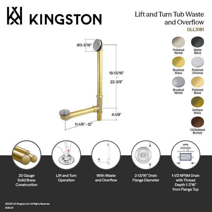 Kingston Heirloom DLL3182 - Made To Match 23-Inch Brass Lift and Turn Tub Waste and Overflow, Polished Brass