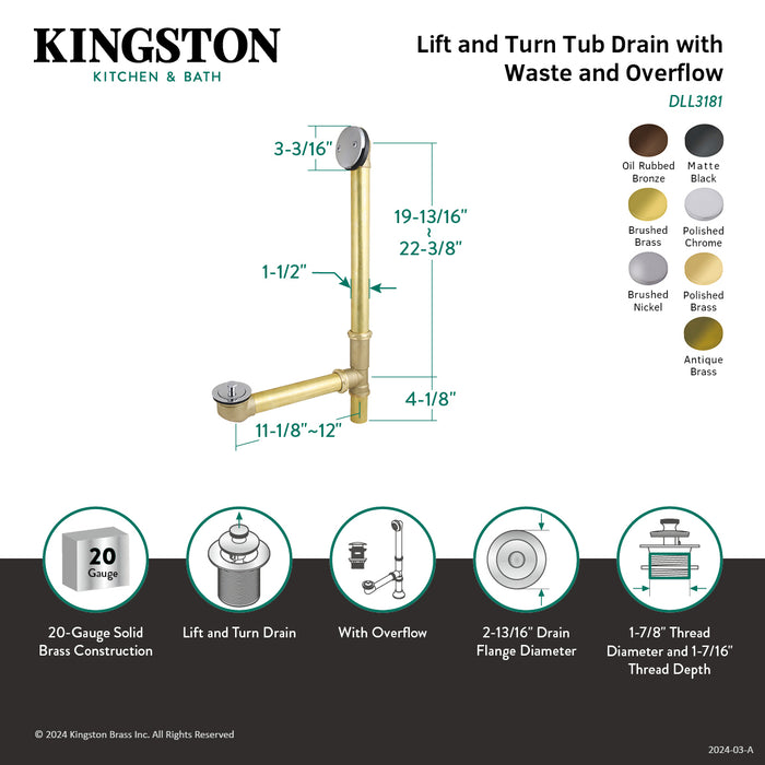 Kingston Heirloom DLL3187 - Made To Match 23-Inch Brass Lift and Turn Tub Waste and Overflow, Brushed Brass