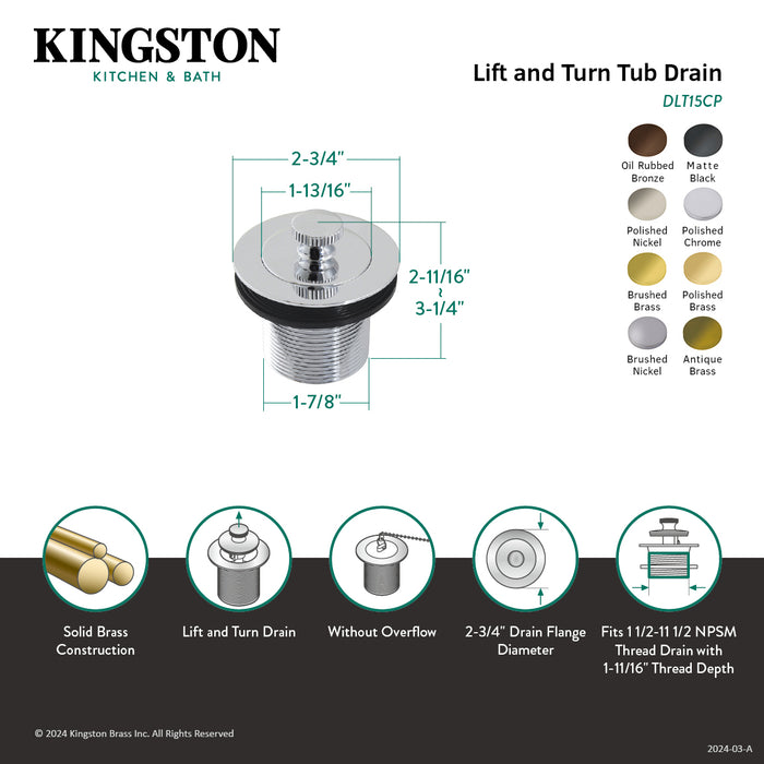 Kingston Heirloom DLT15PN - Made To Match 1-1/2-Inch Lift and Turn Tub Drain with 1-1/2-Inch Body Thread, Polished Nickel