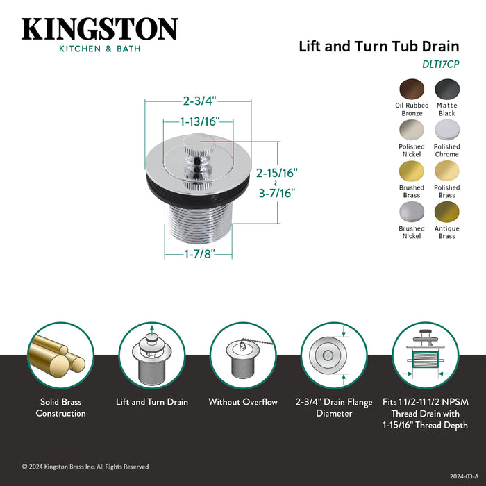 Kingston Heirloom DLT17PN - Made To Match 1-1/2-Inch Lift and Turn Tub Drain with 1-3/4-Inch Body Thread, Polished Nickel