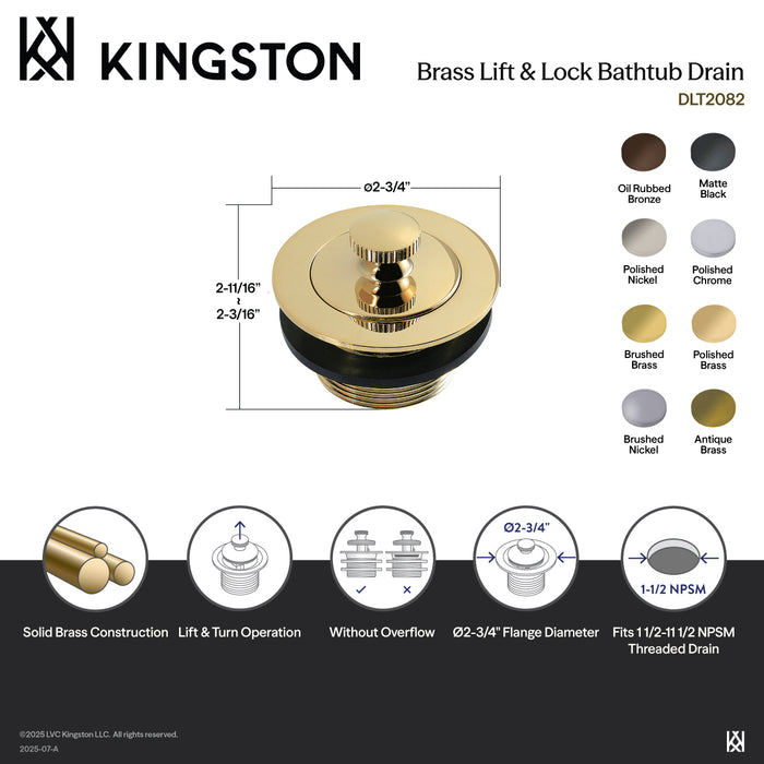 Kingston Heirloom DLT2082 1-1/2-Inch Brass Lift & Lock Bathtub Drain, Polished Brass