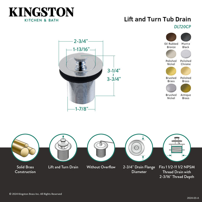 Kingston Heirloom DLT20SB - Made To Match 1-1/2-Inch Lift and Turn Tub Drain with 2-Inch Body Thread, Brushed Brass