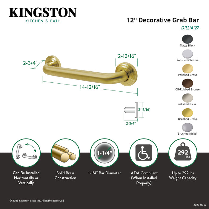Kingston Sona DR214128 - Milano 12-Inch x 1-1/4-Inch O.D. Brass Decorative Grab Bar, Brushed Nickel