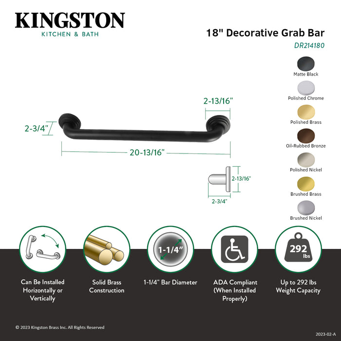 Kingston Sona DR214188 - Milano 18-Inch x 1-1/4-Inch O.D. Brass Decorative Grab Bar, Brushed Nickel