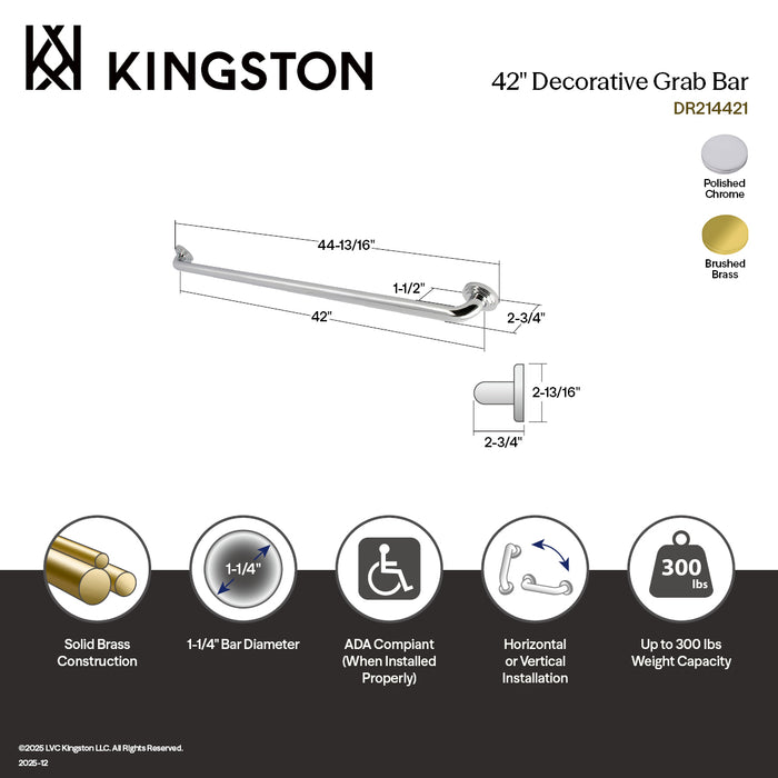 Kingston Sona DR214427 - Milano 42-Inch x 1-1/4-Inch O.D. Brass ADA Grab Bar, Brushed Brass