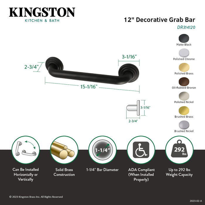Kingston Heirloom DR314127 - Restoration 12-Inch x 1-1/4-Inch O.D. Brass Decorative Grab Bar, Brushed Brass