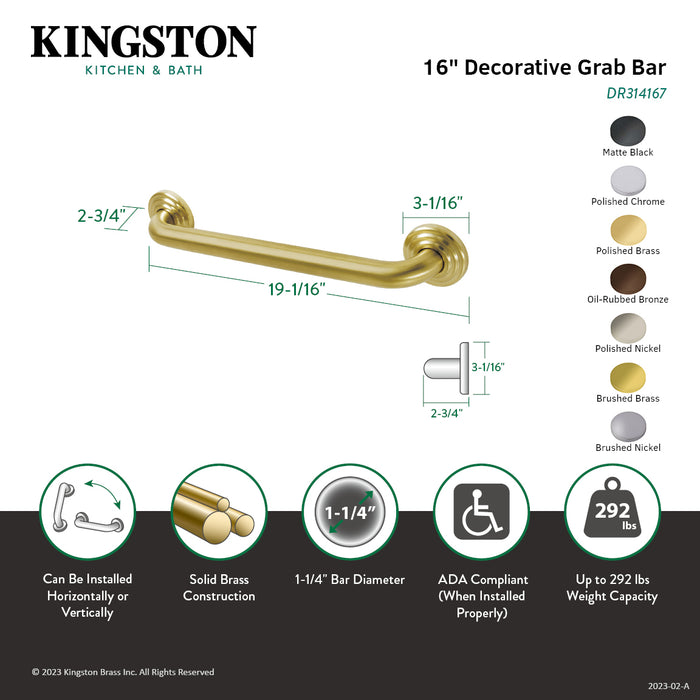 Kingston Heirloom DR314166 - Restoration 16-Inch x 1-1/4-Inch O.D. Brass Decorative Grab Bar, Polished Nickel