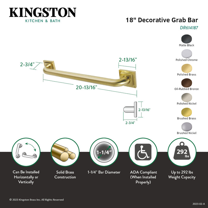 Kingston Sona DR614188 - Claremont 18-Inch x 1-1/4-Inch O.D. Brass Decorative Grab Bar, Brushed Nickel