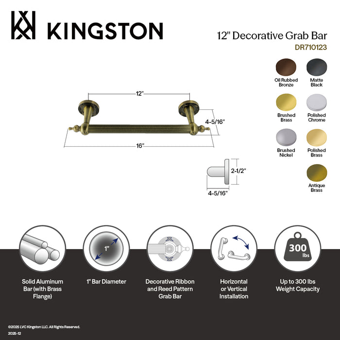 Kingston Sona DR710122 - Templeton 12-Inch x 1-Inch O.D. Brass Decorative Grab Bar, Polished Brass