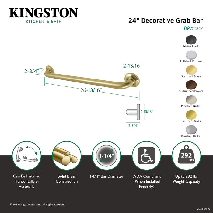 Kingston Tulare DR714246 - Metropolitan 24-Inch x 1-1/4-Inch O.D. Brass Decorative Grab Bar, Polished Nickel