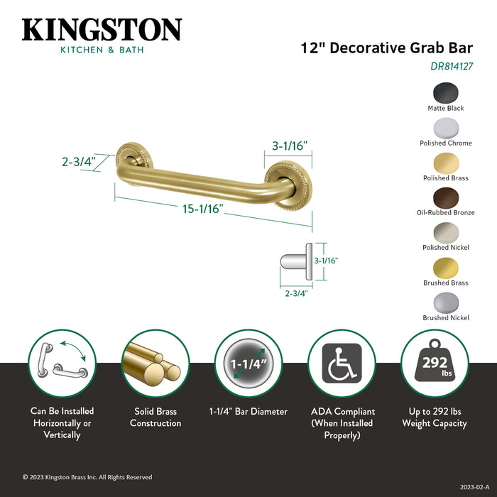 Kingston Heirloom DR814120 - Laurel 12-Inch x 1-1/4-Inch O.D. Brass ADA Grab Bar, Matte Black
