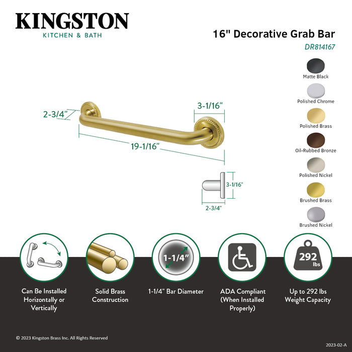 Kingston Heirloom DR814160 - Laurel 16-Inch x 1-1/4-Inch O.D. Brass Decorative Grab Bar, Matte Black