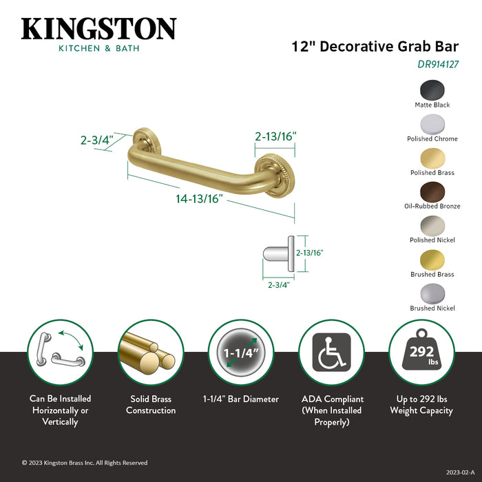 Kingston Heirloom DR914125 - Camelon 12-Inch x 1-1/4-Inch O.D. Brass Decorative Grab Bar, Oil Rubbed Bronze