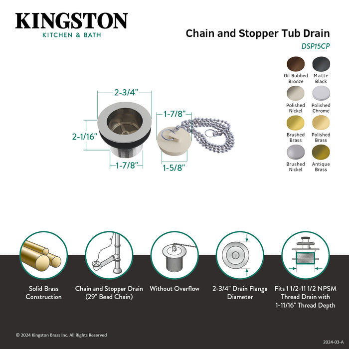 Kingston Heirloom DSP15PN - Made To Match 1-1/2-Inch Chain and Stopper Tub Drain with 1-1/2-Inch Body Thread, Polished Nickel