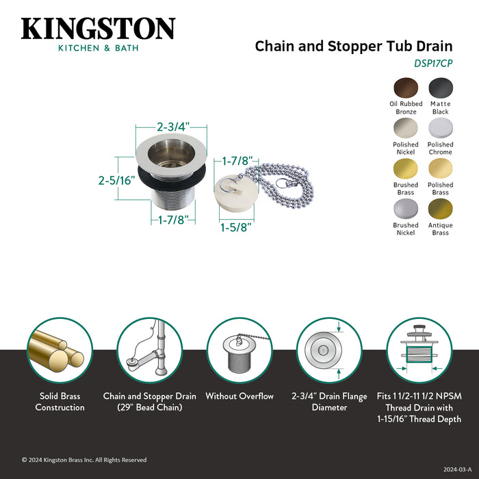 Kingston Heirloom DSP17SN - Made To Match 1-1/2-Inch Chain and Stopper Tub Drain with 1-3/4-Inch Body Thread, Brushed Nickel