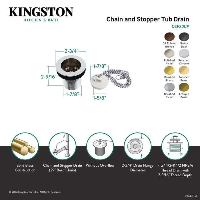 Kingston Heirloom DSP20CP - Made To Match 1-1/2-Inch Chain and Stopper Tub Drain with 2-Inch Body Thread, Polished Chrome