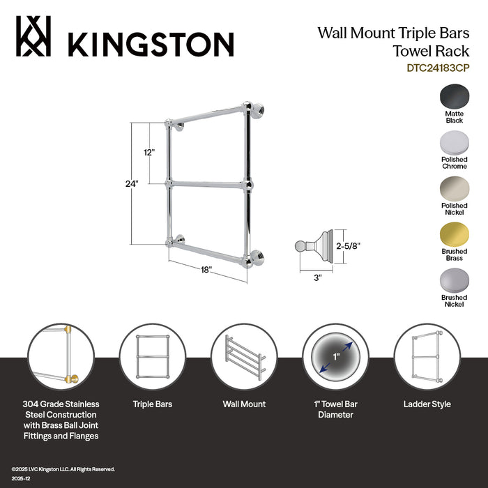 Kingston Tulare DTC24183BB - Maximilien 18-Inch x 24-Inch Brass Wall Mount 3-Tier Towel Rack, Brushed Brass