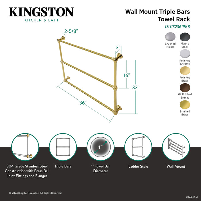Kingston Tulare DTC323619SN - Maximilien 36-Inch x 32-Inch Brass Wall Mount 3-Tier Towel Rack, Brushed Nickel