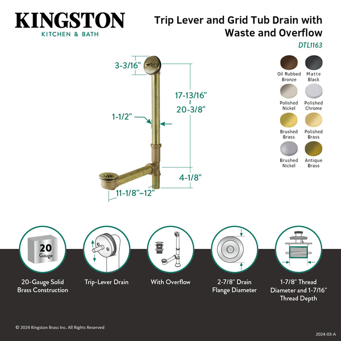 Kingston Tulare DTL1168 - Made To Match 21-Inch Brass Trip Lever Tub Waste and Overflow with Grid Strainer, Brushed Nickel