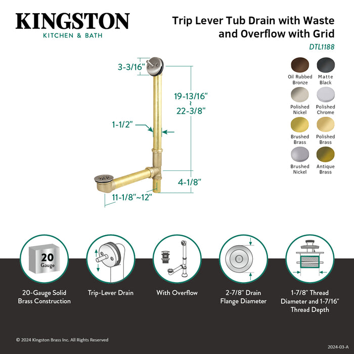 Kingston Tulare DTL1182 - Made To Match 23-Inch Brass Trip Lever Tub Waste and Overflow with Grid Strainer, Polished Brass