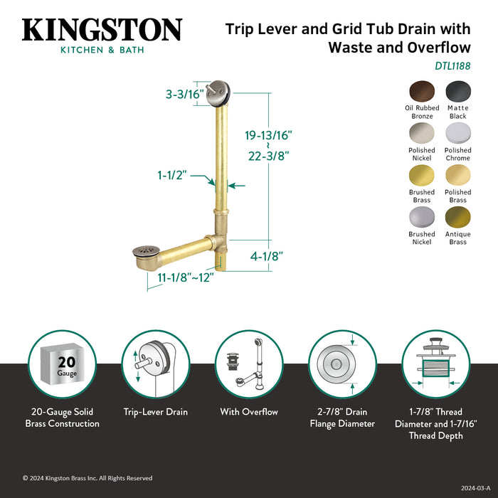 Kingston Tulare DTL1188 - Made To Match 23-Inch Brass Trip Lever Tub Waste and Overflow with Grid Strainer, Brushed Nickel