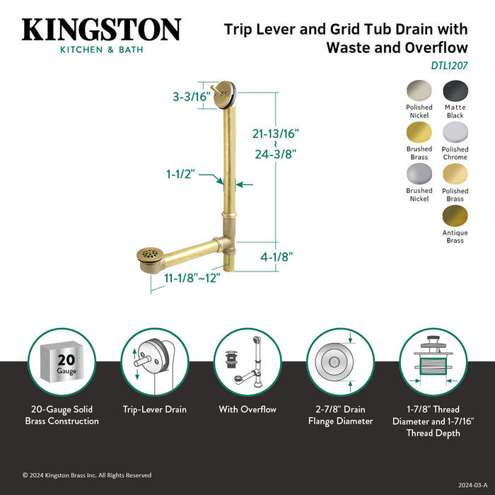 Kingston Tulare DTL1208 - Made To Match 25-Inch Brass Trip Lever Tub Waste and Overflow with Grid Strainer, Brushed Nickel